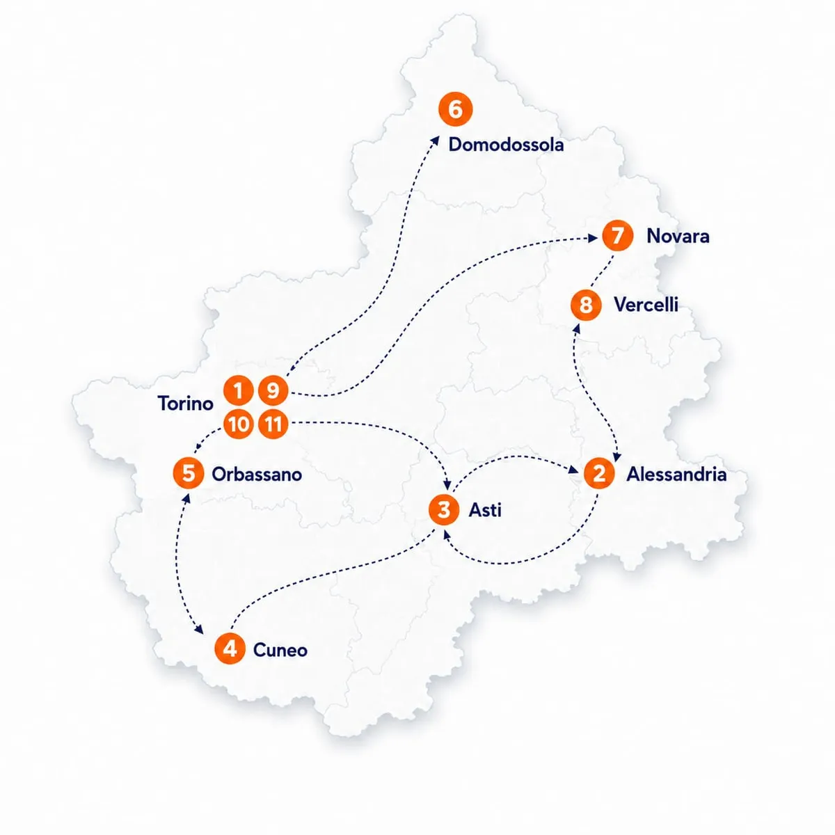 Mappa del Piemonte con le 11 tappe del Reumaday Tour, da Torino a Domodossola, Novara, Vercelli, Alessandria, Asti, Cuneo e Orbassano
